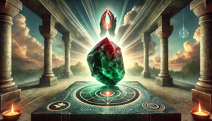 ブラッドストーンの石言葉とは?勇気・献身・救済の意味と効果 DALL%C2%B7E 2025 11 17 18.41.18 A wide aspect symbolic and spiritual scene illustrating the stone meaning of bloodstone courage devotion and salvation. At the center is a realisti - ブラッドストーンの石言葉とは?勇気・献身・救済の意味と効果