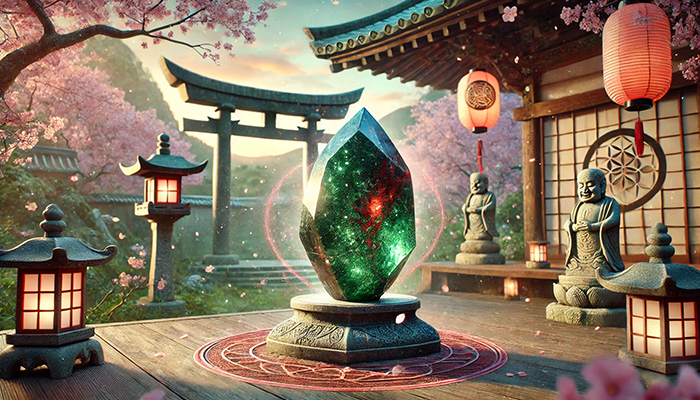 ブラッドストーンの石言葉とは?勇気・献身・救済の意味と効果 DALL%C2%B7E 2025 11 17 18.42.28 A wide aspect spiritual scene inspired by traditional Japanese aesthetics featuring a raw bloodstone crystal. The bloodstone has a deep green surface - ブラッドストーンの石言葉とは?勇気・献身・救済の意味と効果