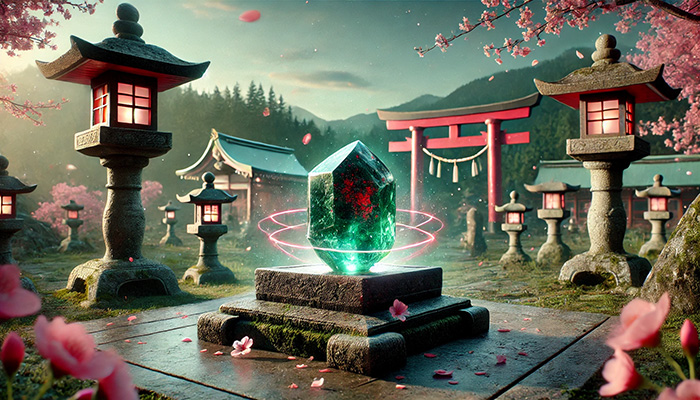 ブラッドストーンの石言葉とは?勇気・献身・救済の意味と効果 DALL%C2%B7E 2025 11 17 18.42.30 A wide aspect spiritual scene inspired by traditional Japanese aesthetics featuring a raw bloodstone crystal. The bloodstone has a deep green surface - ブラッドストーンの石言葉とは?勇気・献身・救済の意味と効果