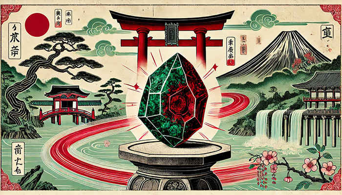 ブラッドストーンの石言葉とは?勇気・献身・救済の意味と効果 DALL%C2%B7E 2025 11 17 18.43.24 A wide aspect Ukiyo e style artwork featuring a raw bloodstone crystal symbolizing courage devotion and salvation. The bloodstone with deep green - ブラッドストーンの石言葉とは?勇気・献身・救済の意味と効果