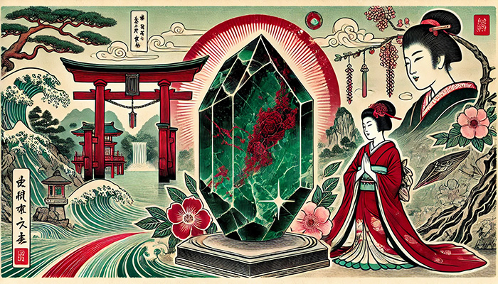 ブラッドストーンの石言葉とは?勇気・献身・救済の意味と効果 DALL%C2%B7E 2025 11 17 18.44.13 A wide aspect Ukiyo e style artwork featuring a raw bloodstone crystal and a traditional Japanese miko shrine maiden. The bloodstone depicted in wo - ブラッドストーンの石言葉とは?勇気・献身・救済の意味と効果