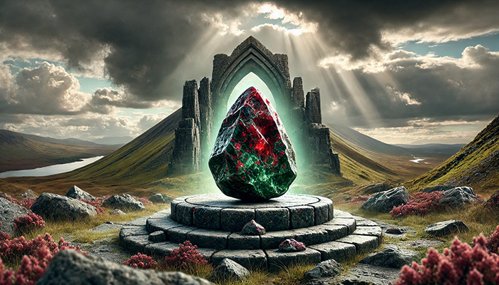 ブラッドストーンの石言葉とは?勇気・献身・救済の意味と効果 DALL%C2%B7E 2025 11 17 18.45.24 A wide aspect image inspired by the stone meaning of bloodstone focusing on courage. In the center sits a raw bloodstone crystal with a dark green - ブラッドストーンの石言葉とは?勇気・献身・救済の意味と効果