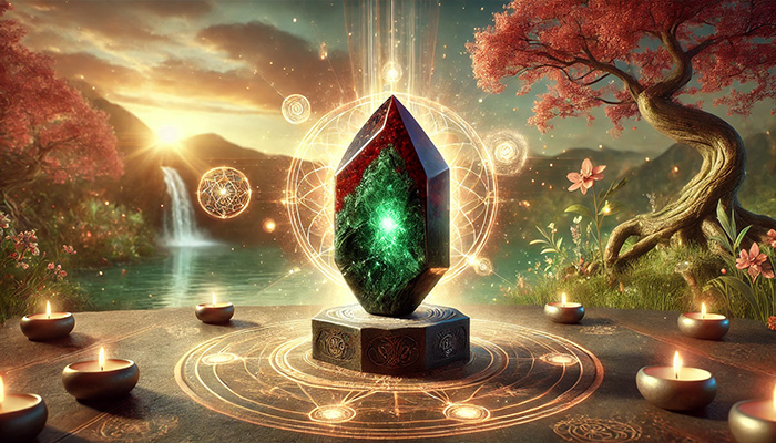 ブラッドストーンの石言葉とは?勇気・献身・救済の意味と効果 DALL%C2%B7E 2025 11 17 18.46.19 A wide aspect image symbolizing the connection between the bloodstones meaning and boosting good fortune. At the center a realistic raw bloodstone c - ブラッドストーンの石言葉とは?勇気・献身・救済の意味と効果