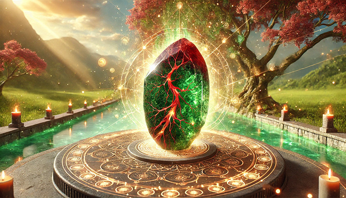 ブラッドストーンの石言葉とは?勇気・献身・救済の意味と効果 DALL%C2%B7E 2025 11 17 18.46.21 A wide aspect image symbolizing the connection between the bloodstones meaning and boosting good fortune. At the center a realistic raw bloodstone c - ブラッドストーンの石言葉とは?勇気・献身・救済の意味と効果