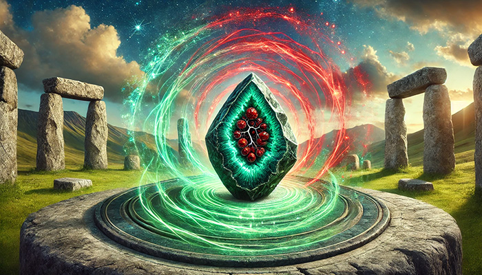 ブラッドストーンの石言葉とは?勇気・献身・救済の意味と効果 DALL%C2%B7E 2025 11 17 18.48.05 A wide aspect symbolic image focusing on the spiritual meaning of bloodstone emphasizing the symbolism of its green and red colors. At the center lie - ブラッドストーンの石言葉とは?勇気・献身・救済の意味と効果