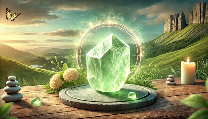 DALL%C2%B7E 2025 11 18 23.51.19 A wide aspect spiritual image themed on the gemstone Prehnite and its symbolic meanings  health positivity and calmness. At the center of the compos - プレナイトの石言葉とは？健康的な美しさ・前向き・冷静をもたらす力