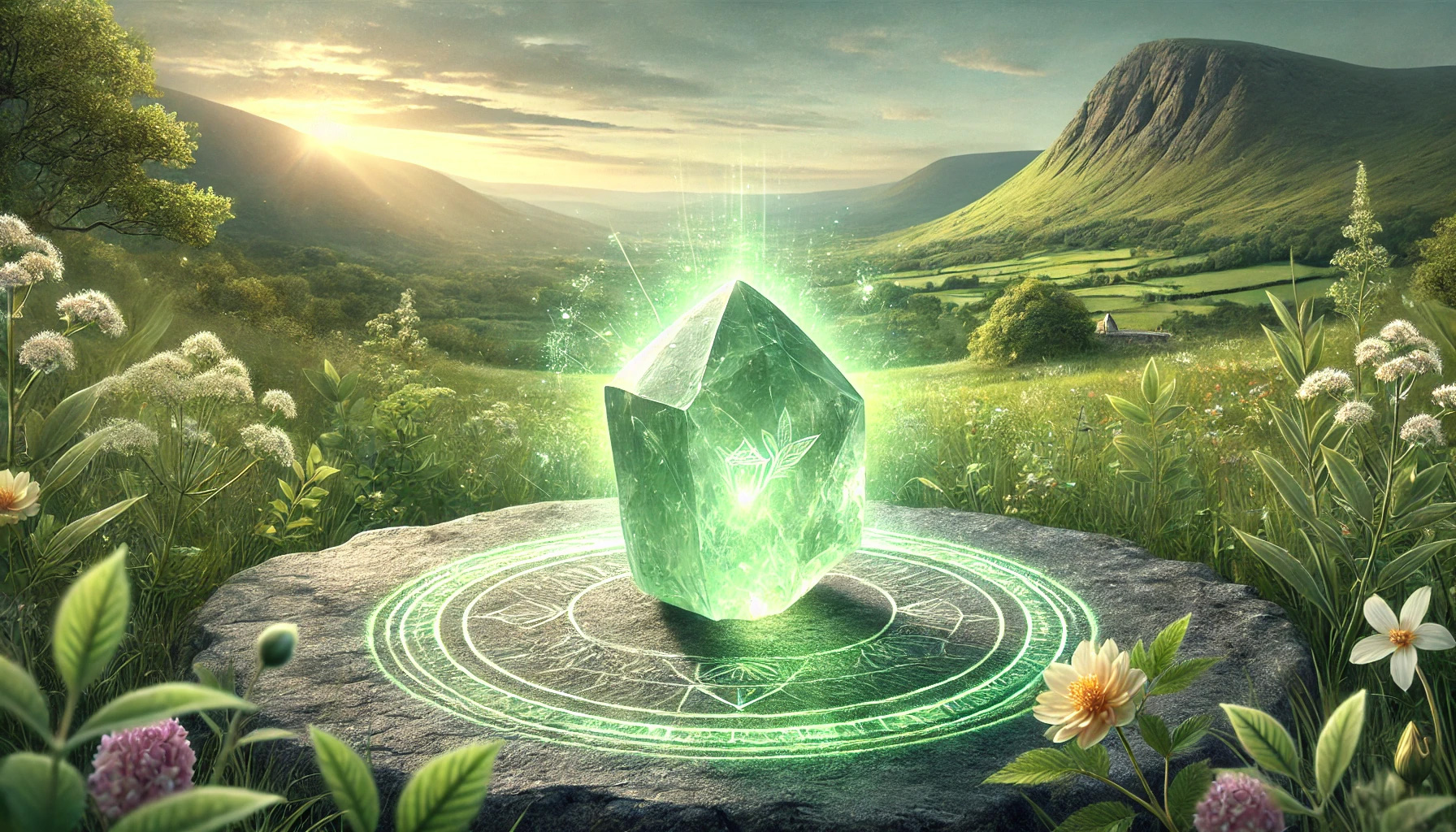 DALL%C2%B7E 2025 11 18 23.51.22 A wide aspect spiritual image themed on the gemstone Prehnite and its symbolic meanings  health positivity and calmness. At the center of the compos - プレナイトの石言葉とは？健康的な美しさ・前向き・冷静をもたらす力