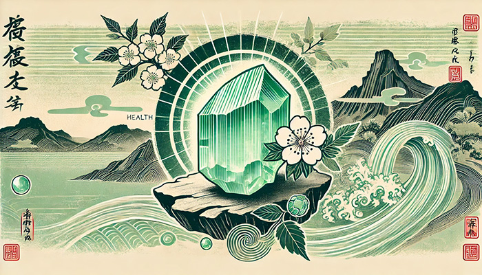 DALL%C2%B7E 2025 11 18 23.51.25 A wide aspect Ukiyo e style artwork inspired by the gemstone Prehnite representing health positivity and calmness. In traditional Japanese woodbloc - プレナイトの石言葉とは？健康的な美しさ・前向き・冷静をもたらす力
