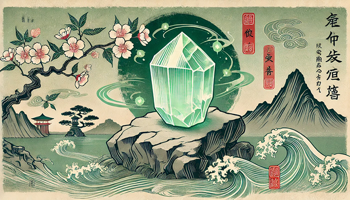DALL%C2%B7E 2025 11 18 23.51.29 A wide aspect Ukiyo e style artwork inspired by the gemstone Prehnite representing health positivity and calmness. In traditional Japanese woodbloc - プレナイトの石言葉とは？健康的な美しさ・前向き・冷静をもたらす力