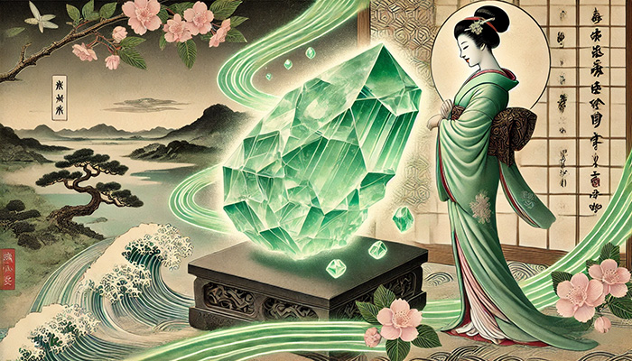 DALL%C2%B7E 2025 11 18 23.51.37 A wide aspect Ukiyo e style artwork featuring a raw Prehnite crystal and a graceful Japanese woman. The Prehnite soft green and glowing with calming  - プレナイトの石言葉とは？健康的な美しさ・前向き・冷静をもたらす力
