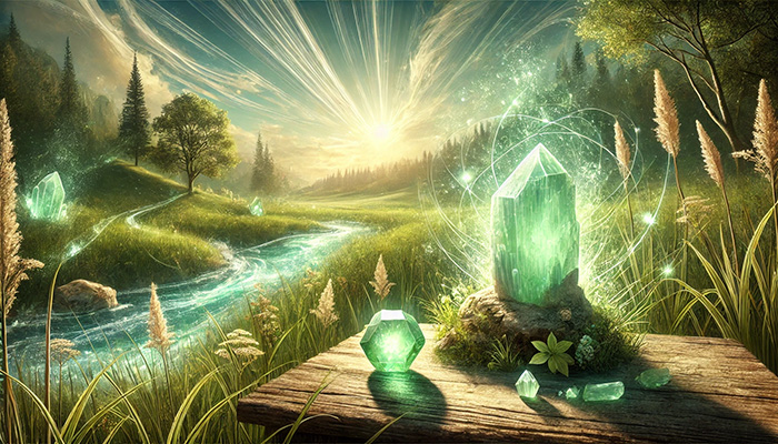 DALL%C2%B7E 2025 11 18 23.52.02 A wide aspect spiritual and natural scene representing the symbolic meaning of Prehnite  health beauty positivity and calmness. In the center a re - プレナイトの石言葉とは？健康的な美しさ・前向き・冷静をもたらす力