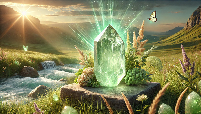 DALL%C2%B7E 2025 11 18 23.52.12 A wide aspect spiritual and natural scene representing the symbolic meaning of Prehnite  health beauty positivity and calmness. In the center a re - プレナイトの石言葉とは？健康的な美しさ・前向き・冷静をもたらす力