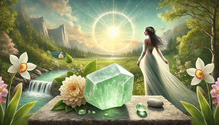 DALL%C2%B7E 2025 11 18 23.52.23 A wide aspect spiritual scene representing the meaning of Prehnite  health beauty positivity and calmness. A realistic raw Prehnite crystal with a  - プレナイトの石言葉とは？健康的な美しさ・前向き・冷静をもたらす力