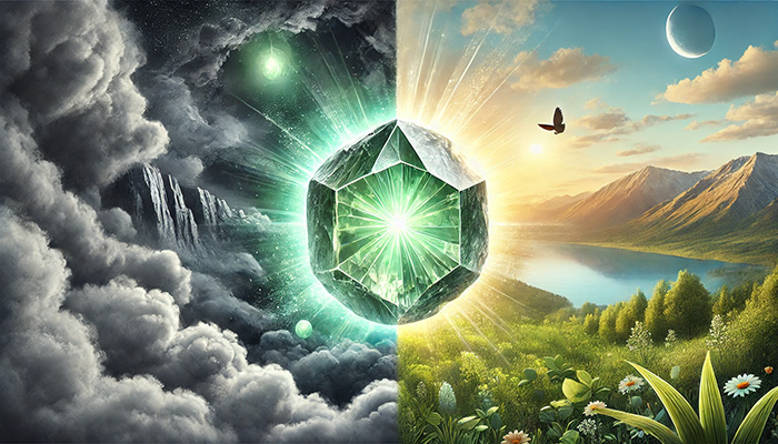 DALL%C2%B7E 2025 11 18 23.52.28 A wide aspect symbolic image representing the dual nature of Prehnites stone meaning %E2%80%94 its power to bring health beauty positivity and calmness w - プレナイトの石言葉とは？健康的な美しさ・前向き・冷静をもたらす力