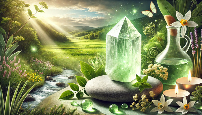 DALL%C2%B7E 2025 11 18 23.52.33 A wide aspect spiritual healing scene themed around Prehnite and its symbolic meaning of health beauty positivity and calmness. In the center a ra - プレナイトの石言葉とは？健康的な美しさ・前向き・冷静をもたらす力