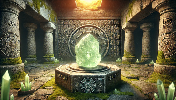 DALL%C2%B7E 2025 11 19 00.22.38 A wide aspect image representing the symbolic meaning of Prehnite%E2%80%94health beauty positivity and calmness%E2%80%94with an added sense of history and ancient  - プレナイトの石言葉とは？健康的な美しさ・前向き・冷静をもたらす力