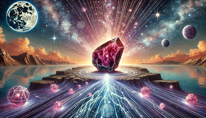 DALL%C2%B7E 2025 11 26 20.17.23 A wide aspect image illustrating the spiritual meaning of Eudialyte%E2%80%94activation love and harmony with the universe. At the center a realistic raw Eu - ユーディアライトの石言葉とは？活性・愛情・宇宙との調和の意味を徹底解説