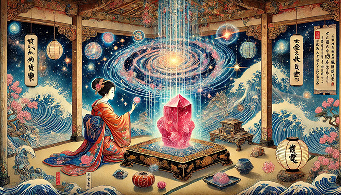 DALL%C2%B7E 2025 11 26 20.26.36 A wide aspect Ukiyo e style Japanese artwork depicting the spiritual meaning of Eudialyte focusing on activation love and harmony with the universe - ユーディアライトの石言葉とは？活性・愛情・宇宙との調和の意味を徹底解説