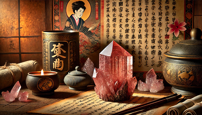 DALL%C2%B7E 2025 11 26 21.24.54 A spiritually rich image featuring a raw Eudialyte crystal reddish pink with dark inclusions placed in an ancient Japanese setting. The background i - ユーディアライトの石言葉とは？活性・愛情・宇宙との調和の意味を徹底解説