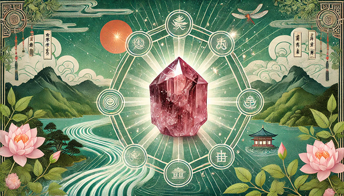 DALL%C2%B7E 2025 11 26 21.25.01 A serene and balanced scene featuring a raw Eudialyte crystal reddish pink with dark inclusions radiating healing energy. The background includes sy - ユーディアライトの石言葉とは？活性・愛情・宇宙との調和の意味を徹底解説