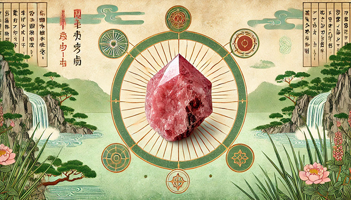 DALL%C2%B7E 2025 11 26 21.25.03 A serene and balanced scene featuring a raw Eudialyte crystal reddish pink with dark inclusions radiating healing energy. The background includes sy - ユーディアライトの石言葉とは？活性・愛情・宇宙との調和の意味を徹底解説