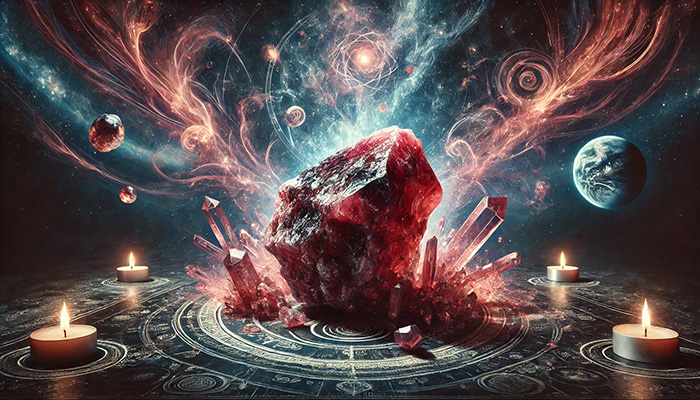 DALL%C2%B7E 2025 11 26 21.25.05 A powerful and mystical scene featuring a raw Eudialyte crystal reddish pink with dark inclusions surrounded by intense spiritual energy. The atmosp - ユーディアライトの石言葉とは？活性・愛情・宇宙との調和の意味を徹底解説