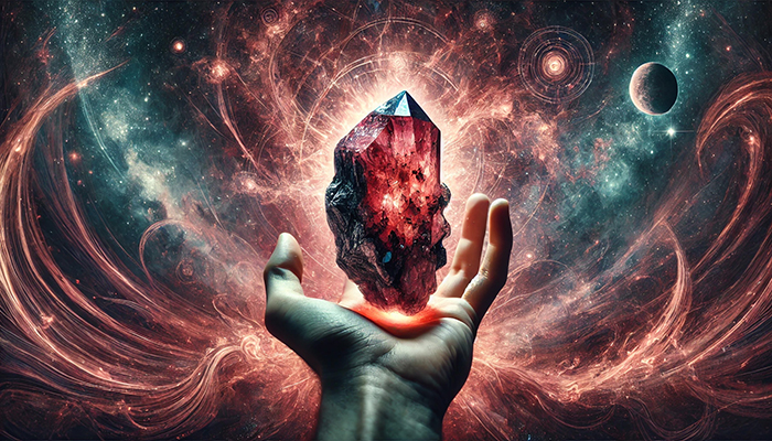 DALL%C2%B7E 2025 11 26 21.25.06 A powerful and mystical scene featuring a raw Eudialyte crystal reddish pink with dark inclusions surrounded by intense spiritual energy. The atmosp - ユーディアライトの石言葉とは？活性・愛情・宇宙との調和の意味を徹底解説