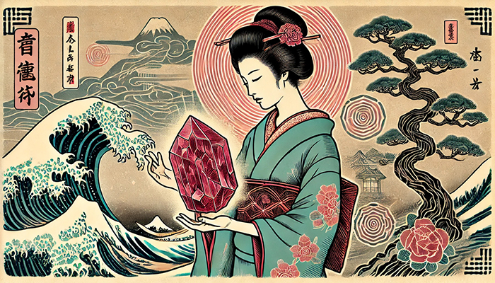 DALL%C2%B7E 2025 11 26 21.25.09 Ukiyo e style artwork showing a traditional Japanese woman in kimono holding a raw Eudialyte crystal reddish pink with dark matrix. The background f - ユーディアライトの石言葉とは？活性・愛情・宇宙との調和の意味を徹底解説
