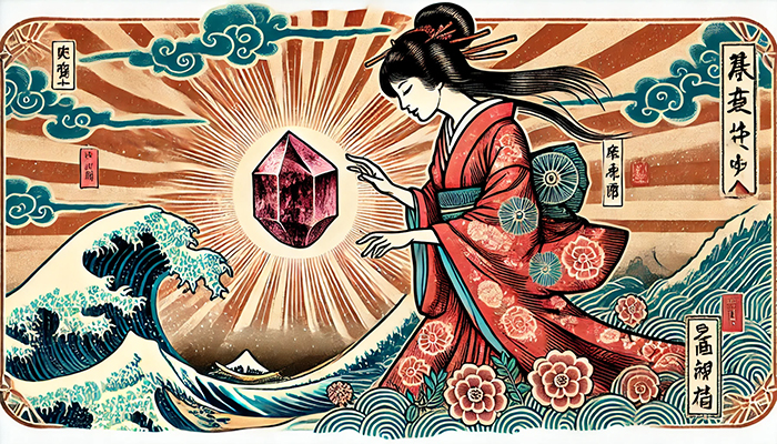 DALL%C2%B7E 2025 11 26 21.25.12 A Japanese ukiyo e style illustration of a woman gracefully interacting with a raw Eudialyte crystal reddish pink with dark matrix. The woman wears  - ユーディアライトの石言葉とは？活性・愛情・宇宙との調和の意味を徹底解説