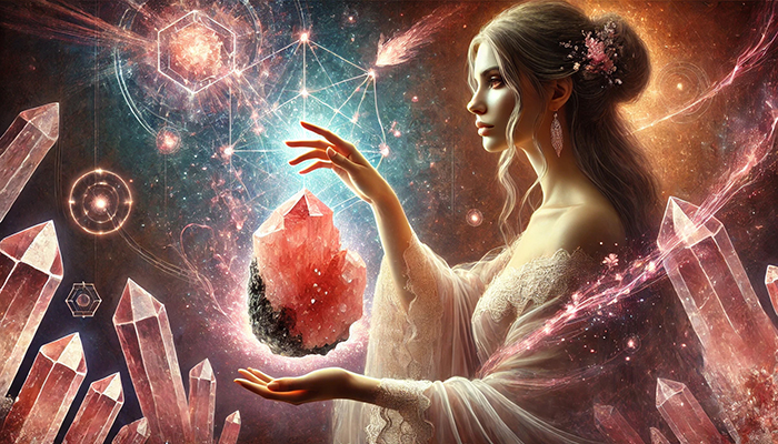 DALL%C2%B7E 2025 11 26 21.25.14 A mystical scene featuring a woman interacting with a raw Eudialyte crystal reddish pink with dark matrix surrounded by glowing energy. The woman h - ユーディアライトの石言葉とは？活性・愛情・宇宙との調和の意味を徹底解説