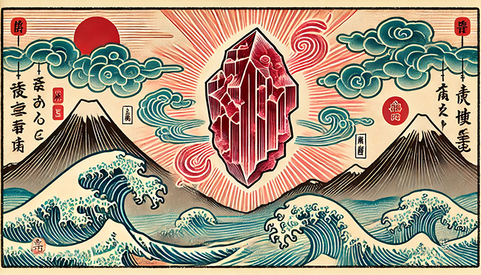 DALL%C2%B7E 2025 11 26 21.25.19 A Japanese ukiyo e style illustration featuring a raw Eudialyte crystal reddish pink with dark matrix as the central object. The crystal emits spiri - ユーディアライトの石言葉とは？活性・愛情・宇宙との調和の意味を徹底解説