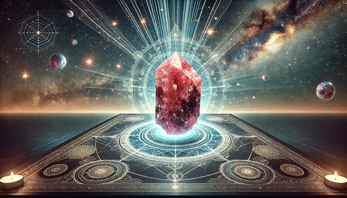 DALL%C2%B7E 2025 11 26 21.25.21 A wide aspect artistic image featuring a raw Eudialyte crystal reddish pink with dark matrix floating above a glowing energy platform. Abstract spi - ユーディアライトの石言葉とは？活性・愛情・宇宙との調和の意味を徹底解説