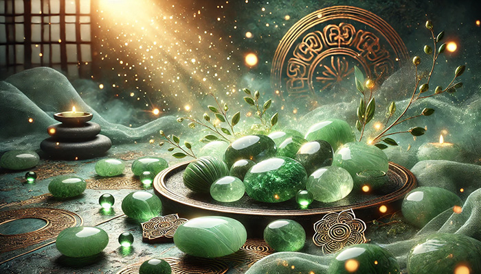 DALL%C2%B7E 2025 11 27 08.23.19 A detailed and artistic wide aspect image of jade nephrite raw stones symbolizing prosperity longevity and happiness. The jade stones are placed  - ジェードの石言葉｜繁栄・長寿・幸福を象徴する天然石