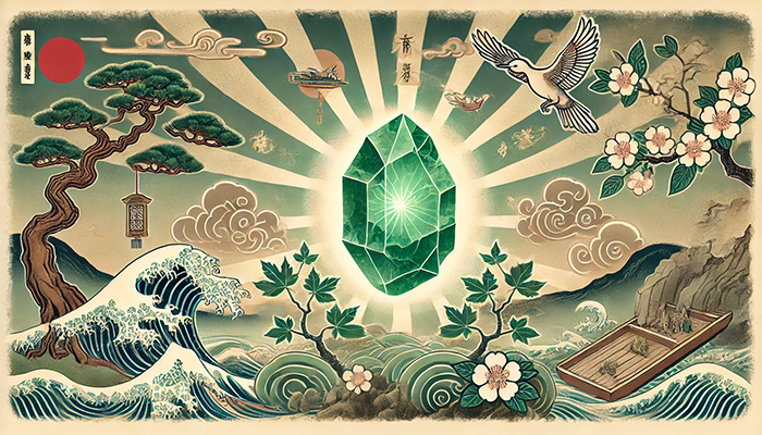 DALL%C2%B7E 2025 11 27 08.23.48 A traditional Japanese ukiyo e style illustration depicting the symbolic meanings of jade %E7%BF%A1%E7%BF%A0 as a power stone. In the center a natural jade raw sto - ジェードの石言葉｜繁栄・長寿・幸福を象徴する天然石