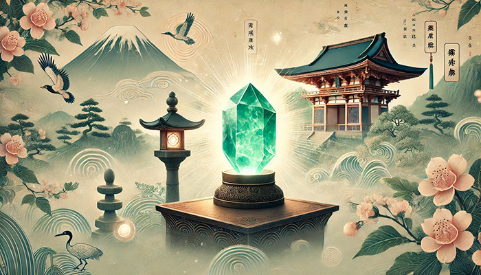 DALL%C2%B7E 2025 11 27 08.23.57 A sacred and powerful Japanese style wide banner image featuring jade jadeite in raw stone form. The stone symbolizes prosperity longevity and hap - ジェードの石言葉｜繁栄・長寿・幸福を象徴する天然石