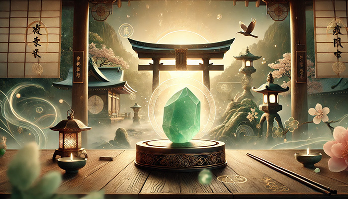 DALL%C2%B7E 2025 11 27 08.23.59 A sacred and powerful Japanese style wide banner image featuring jade jadeite in raw stone form. The stone symbolizes prosperity longevity and hap - ジェードの石言葉｜繁栄・長寿・幸福を象徴する天然石