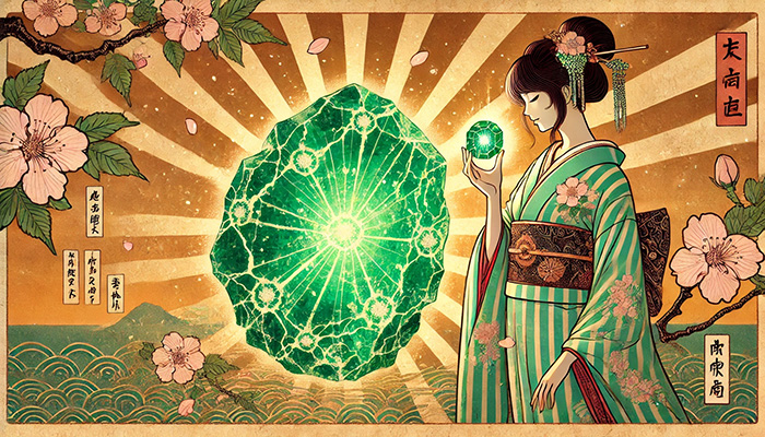 DALL%C2%B7E 2025 11 27 08.28.57 A traditional Japanese style illustration in ukiyo e style featuring a raw jade jadeite gemstone radiating spiritual energy. The image should includ - ジェードの石言葉｜繁栄・長寿・幸福を象徴する天然石