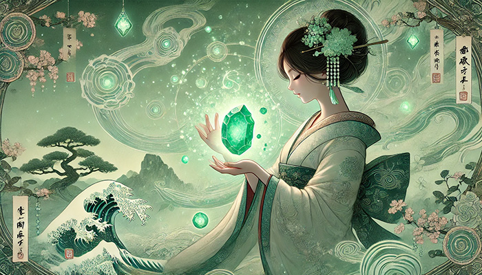 DALL%C2%B7E 2025 11 27 08.29.09 A mystical Japanese themed illustration depicting jade %E7%BF%A1%E7%BF%A0 raw stones and spiritual power symbolizing prosperity longevity and happiness. The scen - ジェードの石言葉｜繁栄・長寿・幸福を象徴する天然石
