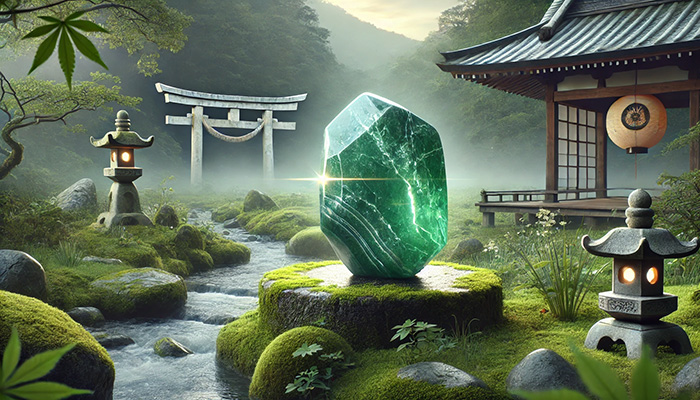 DALL%C2%B7E 2025 11 27 15.56.00 A realistic and aesthetically pleasing image featuring jade stone jadeite in its raw form symbolizing prosperity longevity and happiness. The sto - ジェードの石言葉｜繁栄・長寿・幸福を象徴する天然石