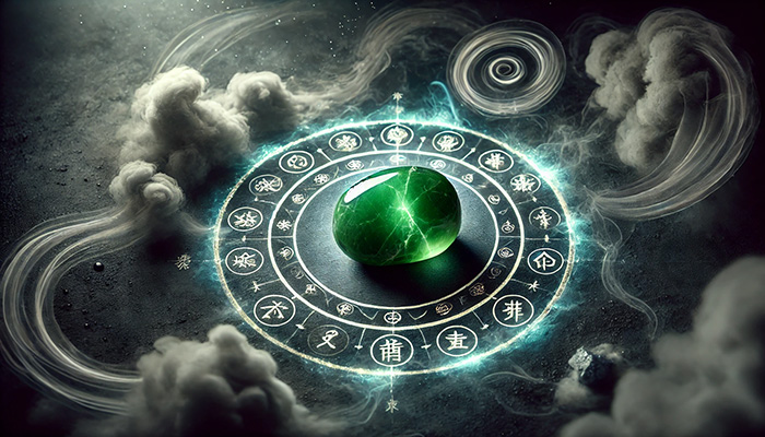 DALL%C2%B7E 2025 11 27 15.56.05 A mystical image featuring a raw jade stone green jadeite glowing with spiritual power surrounded by a dark misty atmosphere symbolizing negative - ジェードの石言葉｜繁栄・長寿・幸福を象徴する天然石