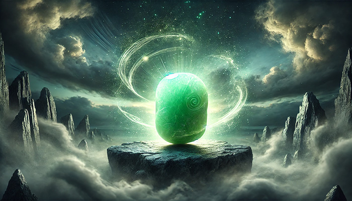 DALL%C2%B7E 2025 11 27 15.56.14 A mystical scene featuring a jade gemstone jadeite with a strong presence of spiritual power and a subtle touch of negativity. The jade stone is in  - ジェードの石言葉｜繁栄・長寿・幸福を象徴する天然石