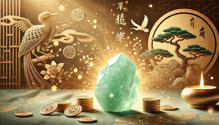 DALL%C2%B7E 2025 11 27 15.56.41 A wide aspect image of a natural jade %E7%BF%A1%E7%BF%A0 gemstone in its raw form glowing with spiritual power. The scene symbolizes prosperity longevity and hap - ジェードの石言葉｜繁栄・長寿・幸福を象徴する天然石