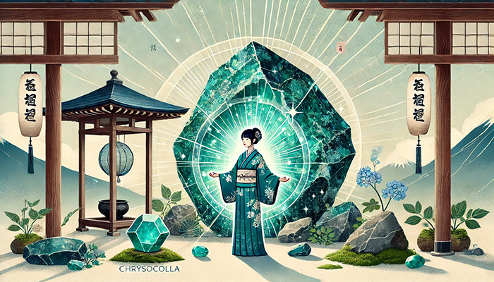 クリソコラの石言葉とは?繁栄・調和・安定をもたらす理由 DALL%C2%B7E 2025 11 30 20.23.57 A Japanese themed wide aspect illustration featuring a non transparent Chrysocolla rough stone crystal radiating a mystical power aura. The scene i - クリソコラの石言葉とは?繁栄・調和・安定をもたらす理由