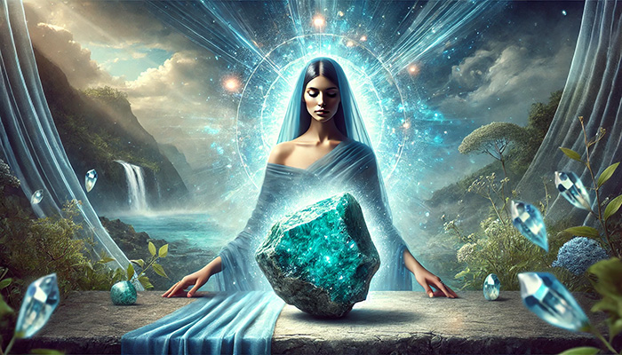 クリソコラの石言葉とは?繁栄・調和・安定をもたらす理由 DALL%C2%B7E 2025 11 30 20.24.17 A powerful and mystical image featuring a vibrant blue Chrysocolla raw crystal placed in the center radiating spiritual energy. A serene and elegant - クリソコラの石言葉とは?繁栄・調和・安定をもたらす理由