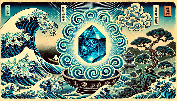 クリソコラの石言葉とは?繁栄・調和・安定をもたらす理由 DALL%C2%B7E 2025 11 30 20.24.26 A traditional Japanese ukiyo e style illustration featuring a vibrant blue Chrysocolla mineral raw stone radiating spiritual energy. The scene is st - クリソコラの石言葉とは?繁栄・調和・安定をもたらす理由