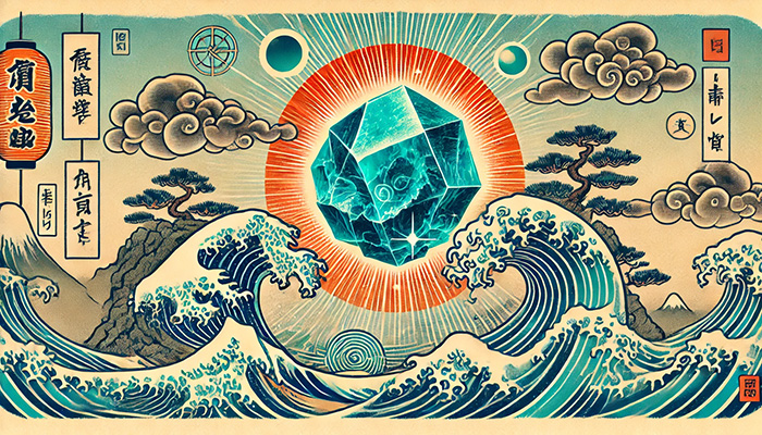 クリソコラの石言葉とは?繁栄・調和・安定をもたらす理由 DALL%C2%B7E 2025 11 30 20.24.29 A traditional Japanese ukiyo e style illustration featuring a vibrant blue Chrysocolla mineral raw stone radiating spiritual energy. The scene is st - クリソコラの石言葉とは?繁栄・調和・安定をもたらす理由