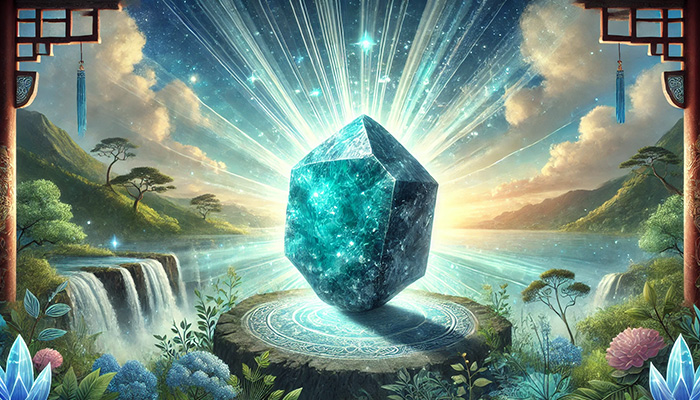 クリソコラの石言葉とは?繁栄・調和・安定をもたらす理由 DALL%C2%B7E 2025 11 30 20.24.32 A vivid wide aspect image featuring a natural blue chrysocolla blue green gemstone raw crystal radiating spiritual power. The stone is surrounded b - クリソコラの石言葉とは?繁栄・調和・安定をもたらす理由