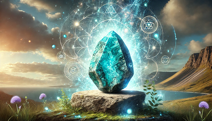 クリソコラの石言葉とは?繁栄・調和・安定をもたらす理由 DALL%C2%B7E 2025 11 30 20.24.38 A mystical image featuring a vivid blue Chrysocolla blue green copper based mineral raw stone glowing with spiritual energy. The stone is set in a n - クリソコラの石言葉とは?繁栄・調和・安定をもたらす理由