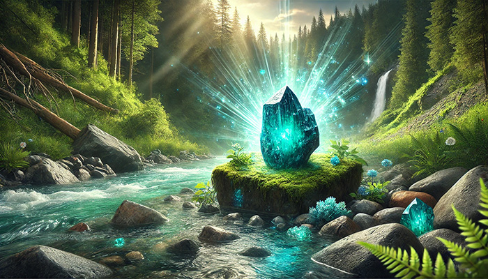 クリソコラの石言葉とは?繁栄・調和・安定をもたらす理由 DALL%C2%B7E 2025 11 30 20.24.46 A mystical image featuring a raw Chrysocolla crystal as the central focus. The stone is vibrant blue green in color with natural textures and surroun - クリソコラの石言葉とは?繁栄・調和・安定をもたらす理由