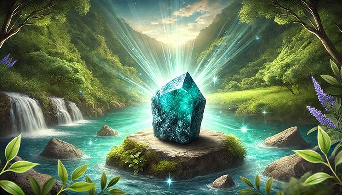 クリソコラの石言葉とは?繁栄・調和・安定をもたらす理由 DALL%C2%B7E 2025 11 30 20.24.49 A mystical image featuring a raw Chrysocolla crystal as the central focus. The stone is vibrant blue green in color with natural textures and surroun - クリソコラの石言葉とは?繁栄・調和・安定をもたらす理由